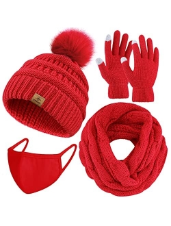 URATOT Winter Warm Knitted Sets Knitted Beanie Hat Scarf Face Cover Touchscreen Gloves Set for Men Women