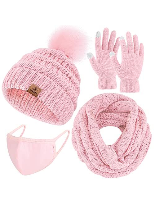 URATOT Winter Warm Knitted Sets Knitted Beanie Hat Scarf Face Cover Touchscreen Gloves Set for Men Women