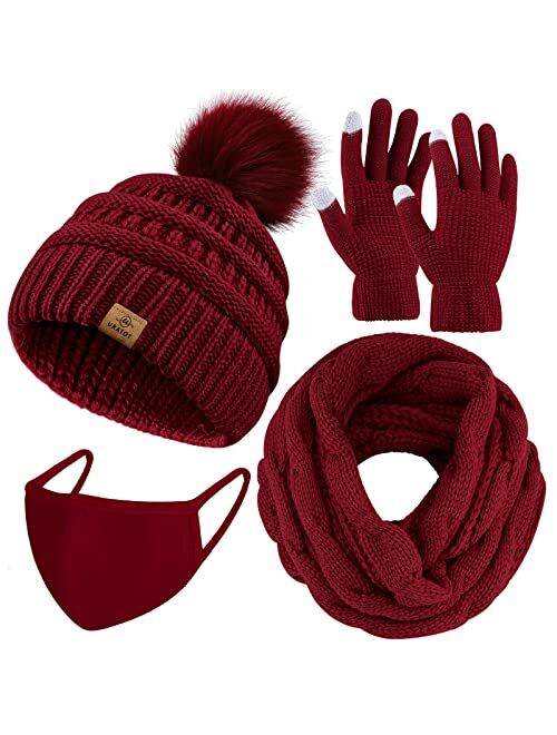 URATOT Winter Warm Knitted Sets Knitted Beanie Hat Scarf Face Cover Touchscreen Gloves Set for Men Women