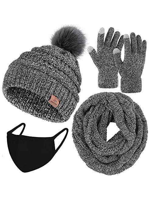 URATOT Winter Warm Knitted Sets Knitted Beanie Hat Scarf Face Cover Touchscreen Gloves Set for Men Women