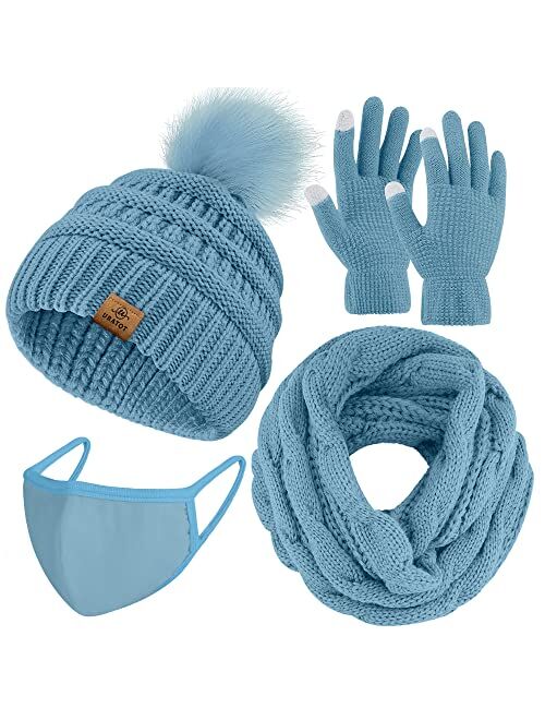 URATOT Winter Warm Knitted Sets Knitted Beanie Hat Scarf Face Cover Touchscreen Gloves Set for Men Women