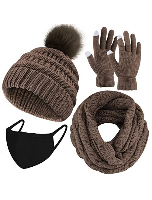 URATOT Winter Warm Knitted Sets Knitted Beanie Hat Scarf Face Cover Touchscreen Gloves Set for Men Women