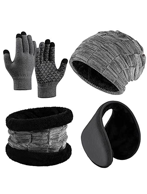 URATOT 4 Pieces Winter Warm Set Thick Knitted Scarf Beanie Hat Anti-Skid Touch Screen Gloves and Ear Warmer for Man or Women