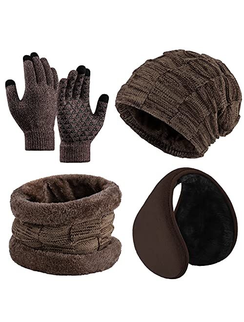 URATOT 4 Pieces Winter Warm Set Thick Knitted Scarf Beanie Hat Anti-Skid Touch Screen Gloves and Ear Warmer for Man or Women