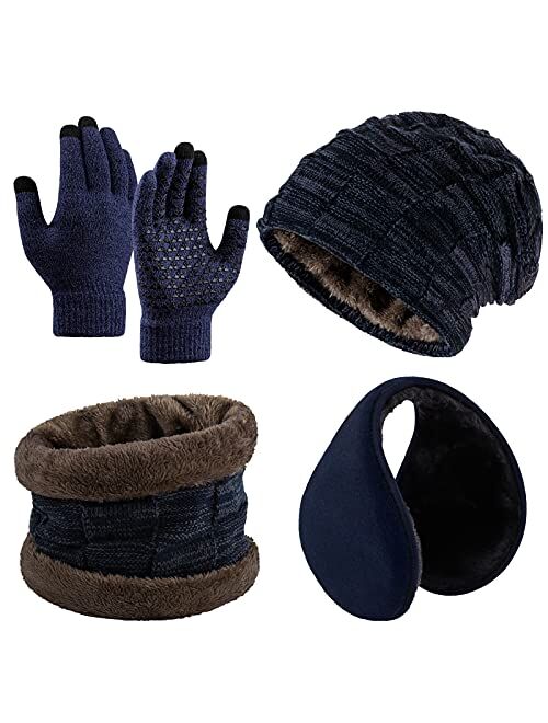 URATOT 4 Pieces Winter Warm Set Thick Knitted Scarf Beanie Hat Anti-Skid Touch Screen Gloves and Ear Warmer for Man or Women