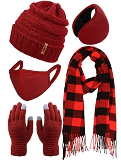 Aneco Winter Warm Sets Buffalo Plaid Scarf Knitted Beanie Hat Gloves Earloop Warm Cover for Men and Women