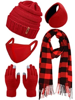 Aneco Winter Warm Sets Buffalo Plaid Scarf Knitted Beanie Hat Gloves Earloop Warm Cover for Men and Women
