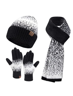 FZ FANTASTIC ZONE Women Winter Knit Beanie Hats and Touchscreen Gloves Long Scarf Set with Warm Fleece Lined Skull Caps Scarves for Women