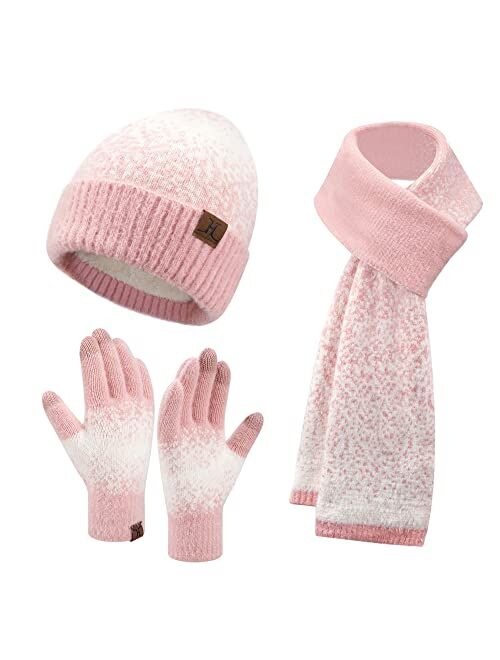 FZ FANTASTIC ZONE Women Winter Knit Beanie Hats and Touchscreen Gloves Long Scarf Set with Warm Fleece Lined Skull Caps Scarves for Women