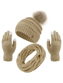 Aneco Womens Winter Warm Sets Knitted Fur Pompoms Beanie Hat Circle Loop Scarf Touch Screen Gloves Winter Favor Accessories