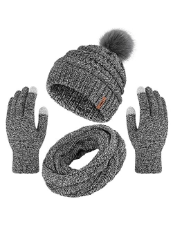 Aneco Womens Winter Warm Sets Knitted Fur Pompoms Beanie Hat Circle Loop Scarf Touch Screen Gloves Winter Favor Accessories