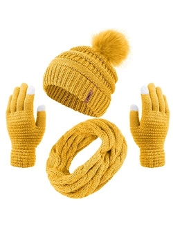 Aneco Womens Winter Warm Sets Knitted Fur Pompoms Beanie Hat Circle Loop Scarf Touch Screen Gloves Winter Favor Accessories