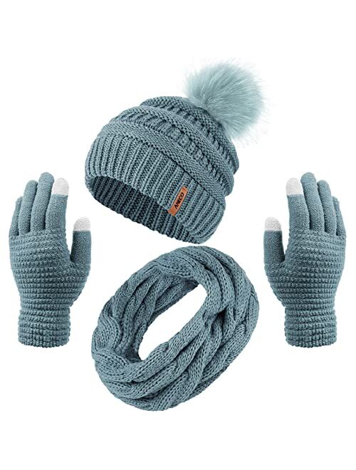 Aneco Womens Winter Warm Sets Knitted Fur Pompoms Beanie Hat Circle Loop Scarf Touch Screen Gloves Winter Favor Accessories