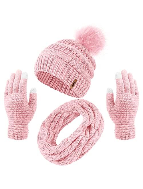 Aneco Womens Winter Warm Sets Knitted Fur Pompoms Beanie Hat Circle Loop Scarf Touch Screen Gloves Winter Favor Accessories