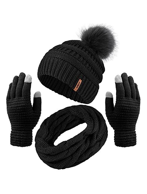 Aneco Womens Winter Warm Sets Knitted Fur Pompoms Beanie Hat Circle Loop Scarf Touch Screen Gloves Winter Favor Accessories