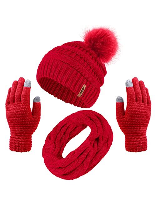 Aneco Womens Winter Warm Sets Knitted Fur Pompoms Beanie Hat Circle Loop Scarf Touch Screen Gloves Winter Favor Accessories