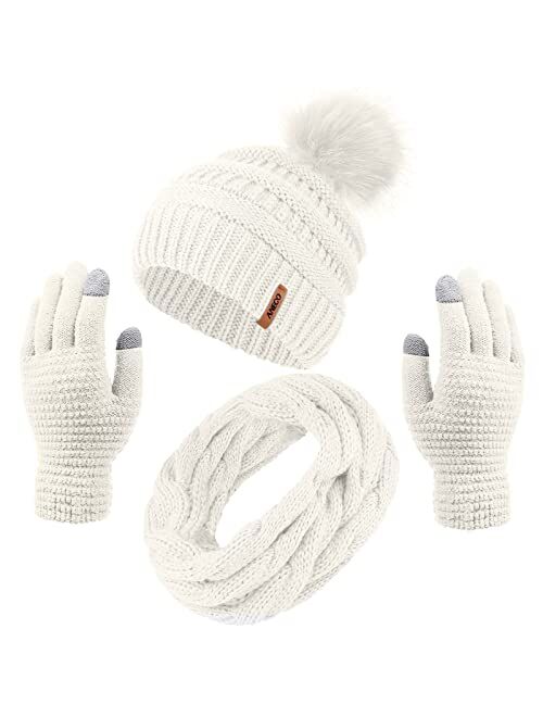 Aneco Womens Winter Warm Sets Knitted Fur Pompoms Beanie Hat Circle Loop Scarf Touch Screen Gloves Winter Favor Accessories