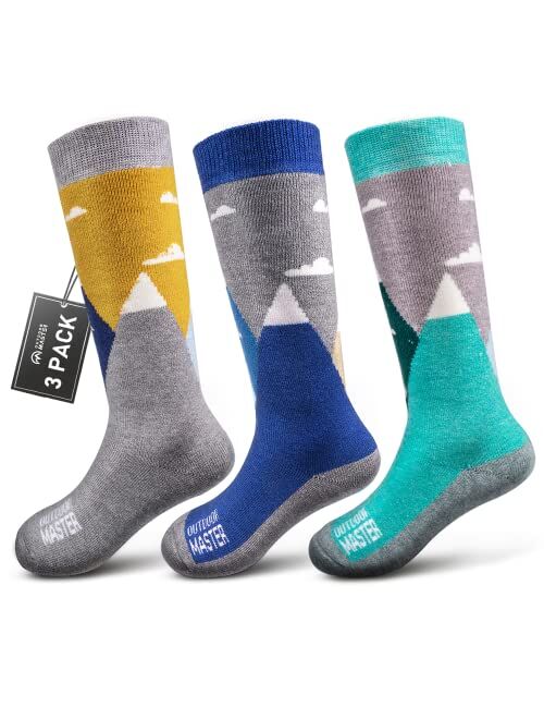 OutdoorMaster Kids Ski Socks - Merino Wool Blend, OTC Design w/ Non-Slip Cuff