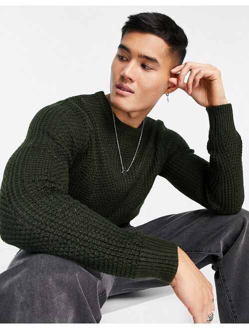 Jack & Jones Originals chunky textured fisherman knit sweater in khaki