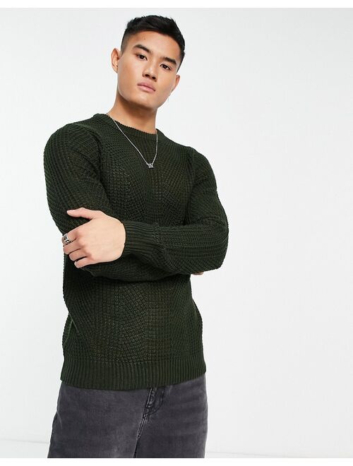 Jack & Jones Originals chunky textured fisherman knit sweater in khaki