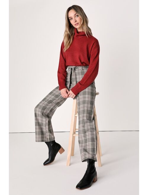 Lulus Making a Statement Brown Plaid Tie-Front Trouser Pants