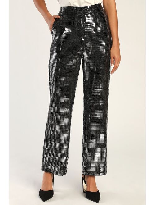 4TH & RECKLESS Vera Silver Sequin Wide-Leg High-Waisted Trouser Pants