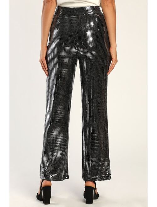 4TH & RECKLESS Vera Silver Sequin Wide-Leg High-Waisted Trouser Pants