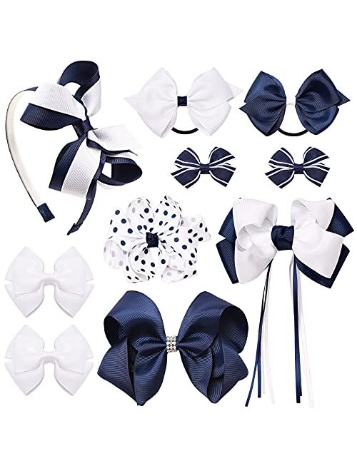 DEEKA School Uniform Hair Bows Set Hair Clips Accessories for Girls Headband and Ponytail Holders Multi-styled School Bows Set for Little Teen Toddler Girls -Navy/White