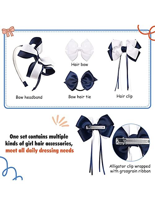 DEEKA School Uniform Hair Bows Set Hair Clips Accessories for Girls Headband and Ponytail Holders Multi-styled School Bows Set for Little Teen Toddler Girls -Navy/White