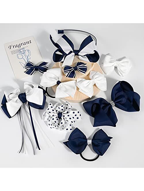 DEEKA School Uniform Hair Bows Set Hair Clips Accessories for Girls Headband and Ponytail Holders Multi-styled School Bows Set for Little Teen Toddler Girls -Navy/White