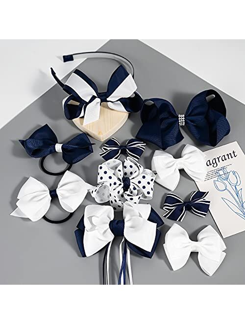 DEEKA School Uniform Hair Bows Set Hair Clips Accessories for Girls Headband and Ponytail Holders Multi-styled School Bows Set for Little Teen Toddler Girls -Navy/White