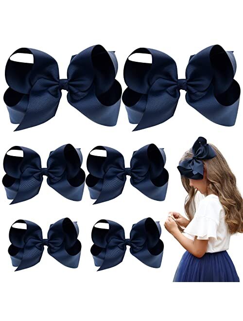 AILEAM Hair Bows for Girls 6PCS Girls Toddler bows Clips Navy Blue Grosgrain Ribbon Alligator Clips Kids Hair Accessories ( 6inch 2, 4inch 2, 3inch 2)