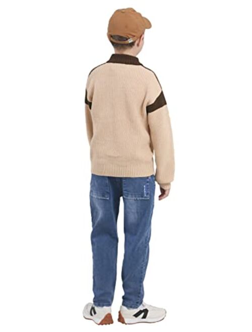 GRACE KARIN Boys Cable Knit Turtleneck Sweater 1/4 Zip-up Warm Pullover for Kids 6-12 Years