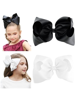 DEEKA 2 PCS 6" Big Hand-made Grosgrain Ribbon Solid Color Hair Bows Alligator Clips Hair Accessories for Little Teen Toddler Girls Kids Set of 2 -Black