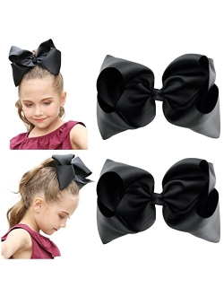 DEEKA 2 PCS 6" Big Hand-made Grosgrain Ribbon Solid Color Hair Bows Alligator Clips Hair Accessories for Little Teen Toddler Girls Kids Set of 2 -Black