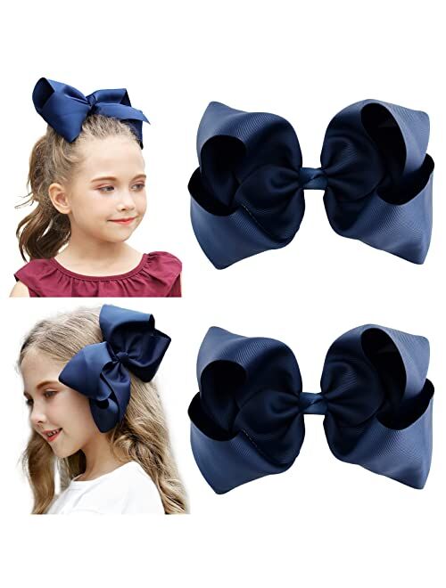 DEEKA 2 PCS 6" Big Hand-made Grosgrain Ribbon Solid Color Hair Bows Alligator Clips Hair Accessories for Little Teen Toddler Girls Kids Set of 2 -Black