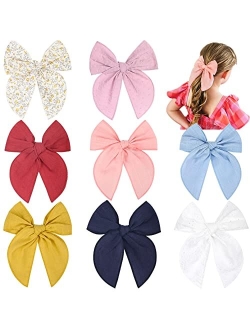 DEEKA 8 PCS Large Fable Hair Bow Cotton Linen Hair Bow for Toddlers Girls Handmade Neutral Bow Hair Accessories for Little Girls Kids