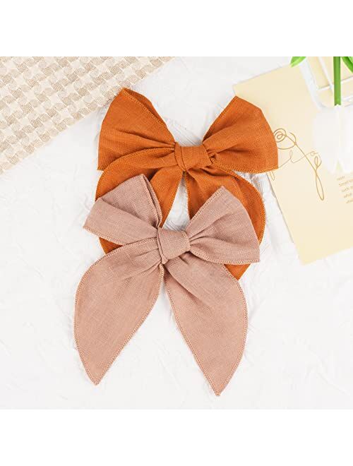 DEEKA 8 PCS Large Fable Hair Bow Cotton Linen Hair Bow for Toddlers Girls Handmade Neutral Bow Hair Accessories for Little Girls Kids