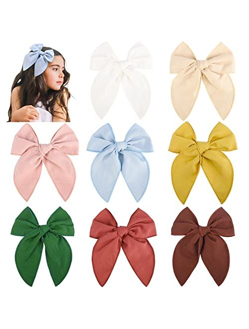 DEEKA 8 PCS Large Fable Hair Bow Cotton Linen Hair Bow for Toddlers Girls Handmade Neutral Bow Hair Accessories for Little Girls Kids -Z