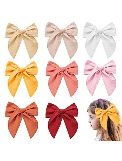 Socanby 8pcs 6 Inch Fable Hair Bows for Girls,Large Linen Pigtail Toddler Bows Clips Handmade Neutral Bow Hair Accessories for Litter Girl Kids Teens Women (Cotton Bows)