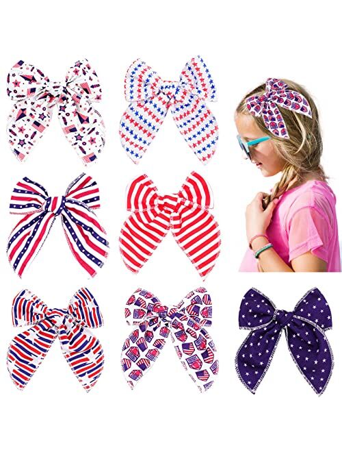 Cn 4th of July Hair Bows for Girls, Large Patriotic Fable Bow Handmade American Flag Hair Clips Independence Day Hair Accessories for Little Girls Toddlers Kids (Patrioti