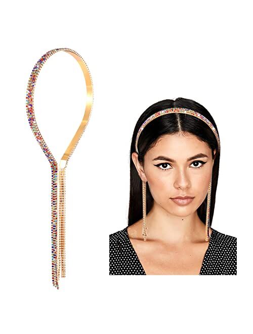 CENAPOG Crystal Tassel Headband for Women Sparkly Rhinestone Fake Earrings Hair Chain Hairhoop Wedding Bridal Bejewelled Hairband for Girls