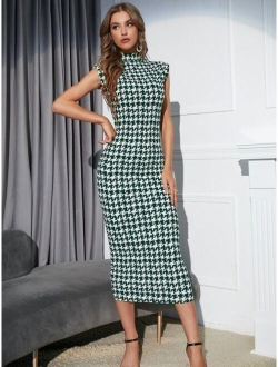 Modely Houndstooth Shoulder Pads Mock Neck Bodycon Dress