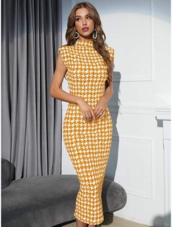 Modely Houndstooth Shoulder Pads Mock Neck Bodycon Dress