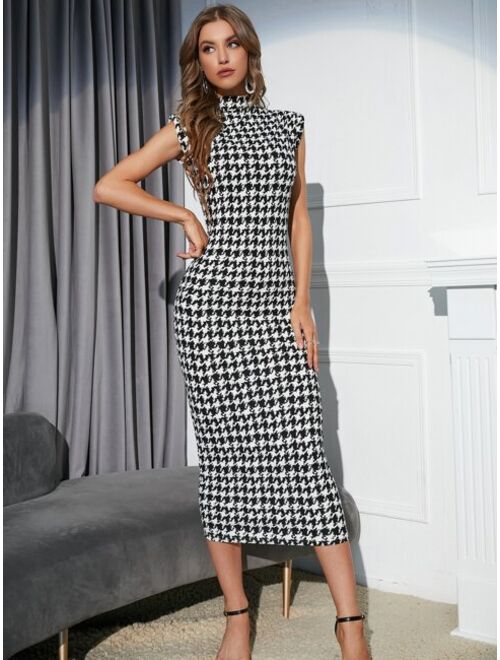 SHEIN Modely Houndstooth Shoulder Pads Mock Neck Bodycon Dress