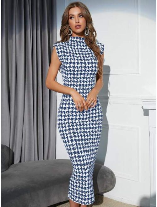 SHEIN Modely Houndstooth Shoulder Pads Mock Neck Bodycon Dress