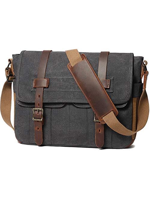 Soaeon Messenger Bag for Men 15.6 Inch Canvas Laptop Computer Bag Leather Briefcase