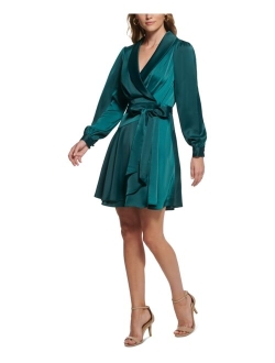 Women's Satin Shawl-Collar Fit & Flare Dress