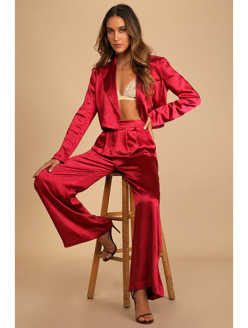 Lulus Very Merry Berry Red Satin Wide-Leg Trouser Pants