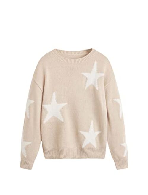 WDIRARA Girl's Star Pattern Round Neck Long Sleeve Sweater Casual Tops